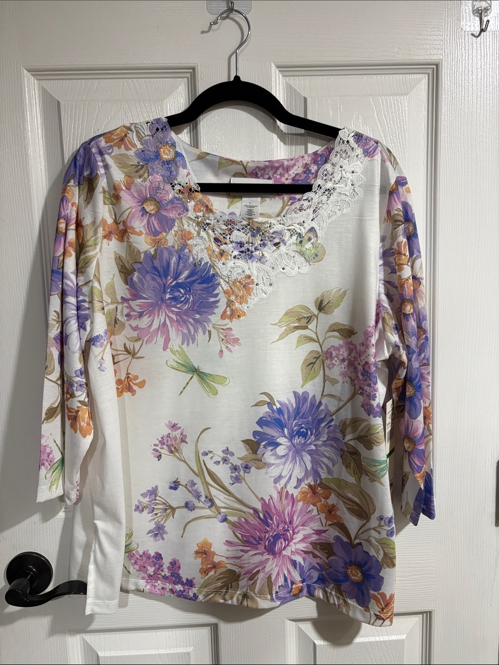 Alfred Dunner White Floral Lace-Trim Long Sleeve Top NWT
